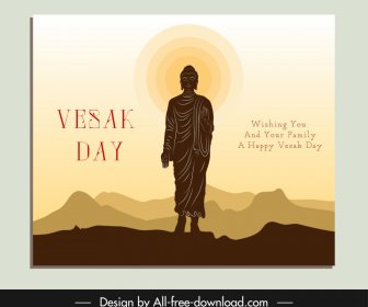 Vesak Day Banner Template Buddha Silhouette Mountain Scene Sketch