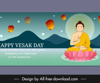 Vesak Day Banner Template Cute Buddha Lotus Lanterns Decor