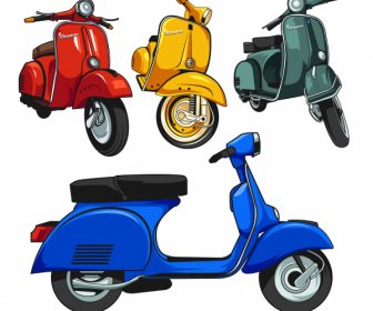 Vespa Motorbike Icons Colored Classical 3d Sketch