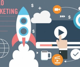 Video Marketing Banner Spaceship Screen Business Icons Decor