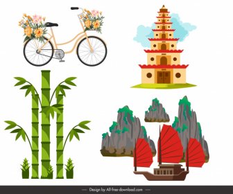 Vietnam Tasarım öğeleri Renkli Düz Ulusal Semboller Eskiz