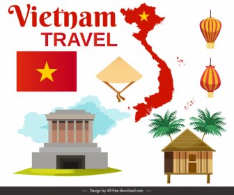 베트남 관광 배너 국가 엠블럼 장식 밝은 평면