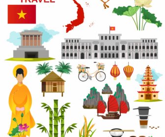 Vietnam Perjalanan Banner Simbol Nasional Sketsa Warna-warni Dekorasi