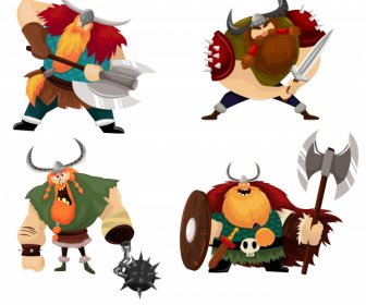 Viking Knight Icons Colored Cartoon Characters Sketch