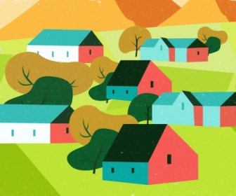 قرية اللوحة 3d تصميم ريترو متعددة الألوان