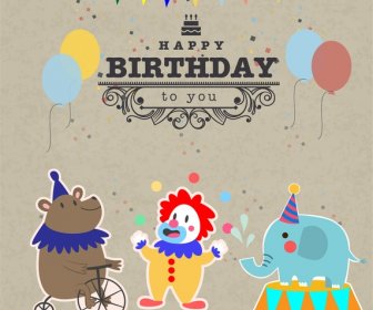 Vintage Birthday Card Vector Illustration With Circus Animals