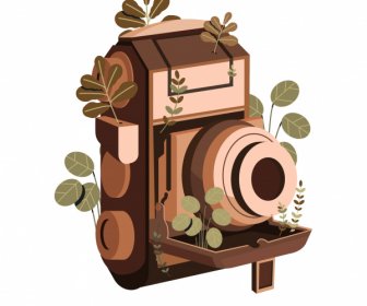 빈티지 카메라 아이콘 브라운 3D 스케치 잎 장식