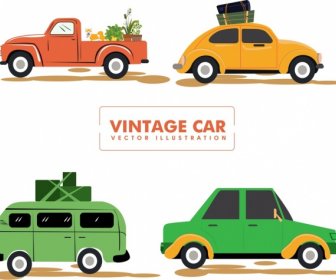 Vintage Car Icons Collection Various Colored Types Isolation