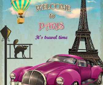 Vintage Car With Travel Poster Vector Set