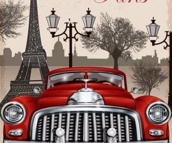 Vintage Car With Travel Poster Vector Set