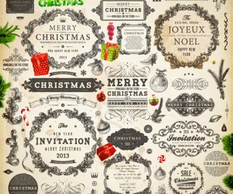 Vintage Christmas And New Year13 Ornaments Vector