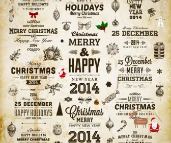 Vintage Noel And14 Yeni Yıl Tatil Vektör öğeleri Ile