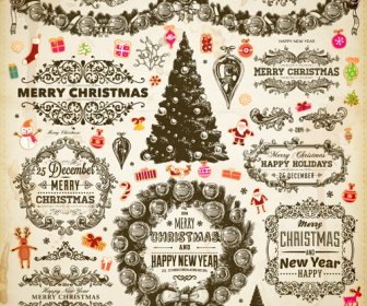 Vintage Christmas Frame And Ornaments Vector