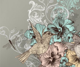 ビンテージ花と鳥の背景アートのベクトル