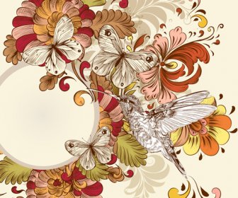 ビンテージ花と鳥の背景アートのベクトル
