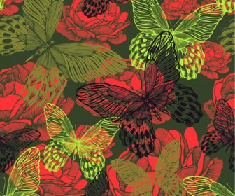 ビンテージ花蝶のシームレスなパターン ベクトル