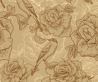 Vintage Hand Drawn Birds And Flower Pattern Vector