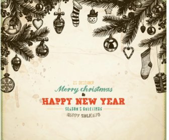 ヴィンテージ手描き下ろし新年とクリスマスの装飾品のベクトルのセット