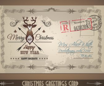 Vintage Merry Christmas Postcard Vectors Tamplate