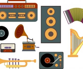 Vintage Musikinstrumentensammlung Farbige Flache Bauform