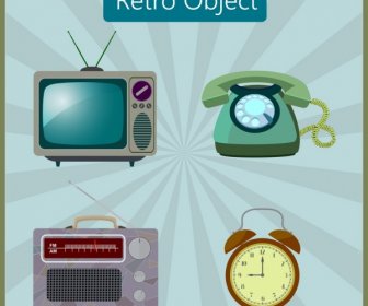 ícones De Rádio Relógio Vintage Objetos Coleção Televisão Telefone