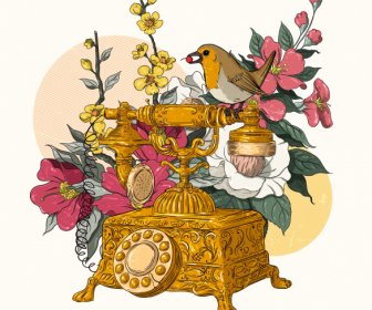 Vintage Painting Flowers Bird Telephone Decor