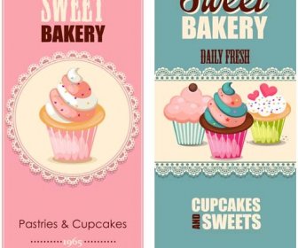 Vintage Pastries With Cupcakes Cards Vector