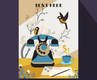 Cartolina D'epoca Modello Telefono Uccelli Sfocato Flora Arredamento