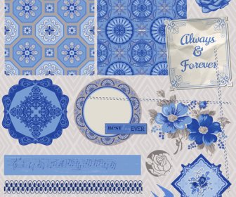 Cartão Postal Vintage Com Vetor De Elementos Ornamento Azul
