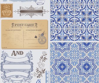 Cartolina D'epoca Con Vettore Degli Elementi Di Ornamento Blu