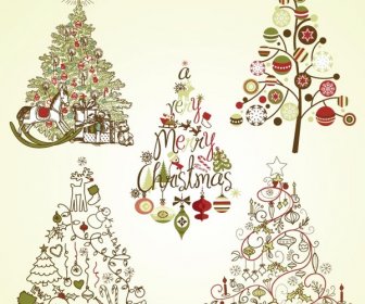 Vintage Retro Style Christmas Tree Collection Vector