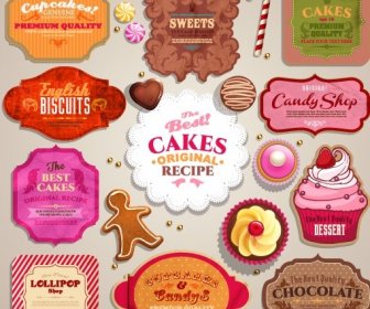 Vintage Süßigkeiten Und Kuchen Etiketten Vektor