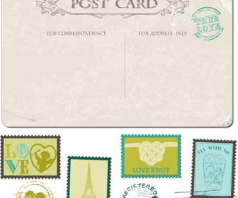 Cartão Postal De Casamento Do Vintage Com Vetor De Selos