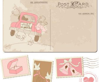 Cartão Postal De Casamento Do Vintage Com Vetor De Selos