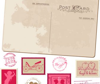Vintage Wedding Postcard With Postage Stamps Vector