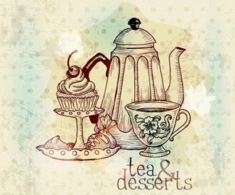 Vintage With Retro Tea Hand Drawning Vector