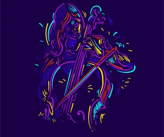 ícone Violinista Design Dinâmico Escuro Desenho Colorido Desenhado à Mão
