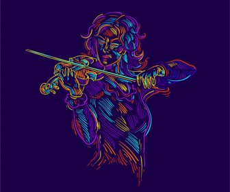 Icono Violinista Colores Dibujados A Mano Mezclado Boceto