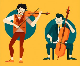 Violinists Icons Colored Cartoon Characters Sketch