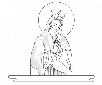 聖母マリアの母親のアイコン祈りのジェスチャー黒白手描きの輪郭