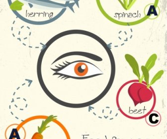 Vitamin Advertising Eye Fish Vegetable Icons Colored Flat