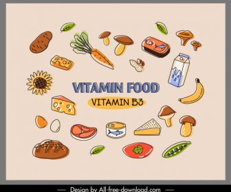 Vitamin B Food Poster Bunte Retro Handgezeichnete Skizze