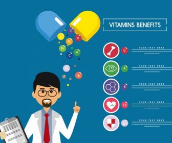 Vitamina Beneficio Banner Doctor Capsula Iconos Coloreados Decoracion