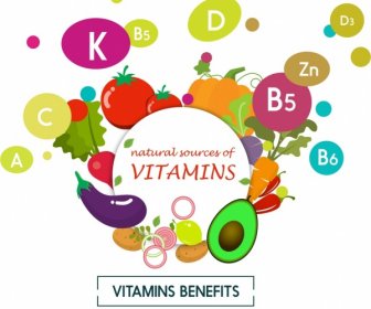 Vitamina Benefici Banner Colorato Frutta Icone Decorazione