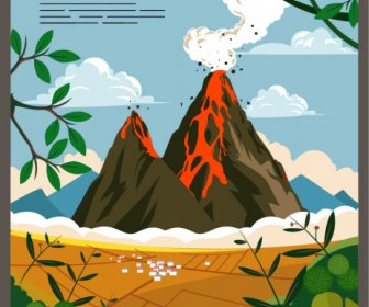 Volcán Erupción Desastre Cartel Colorido Boceto Dinámico