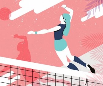 Volleyball Background Female Player Icon Colored Cartoon Sketch