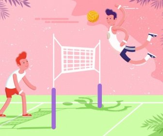 Volleyball Background Male Players Icons Colored Cartoon