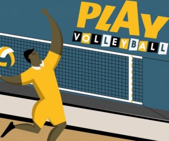 Volleyball Banner Male Player Icon Cartoon Character