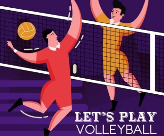 Volleyball Banner Players Match Icon Colored Cartoon Design