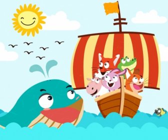 Viaje Dibujando Animales Barcos Mar Iconos De Dibujos Animados Lindo